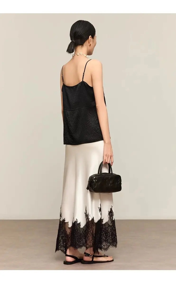 Elegant Lace-Trim Satin Midi Skirt Women Summer High Wasit Wrapped Hip Slim Long Skirts Fairy Fashion Office Women Clothing New