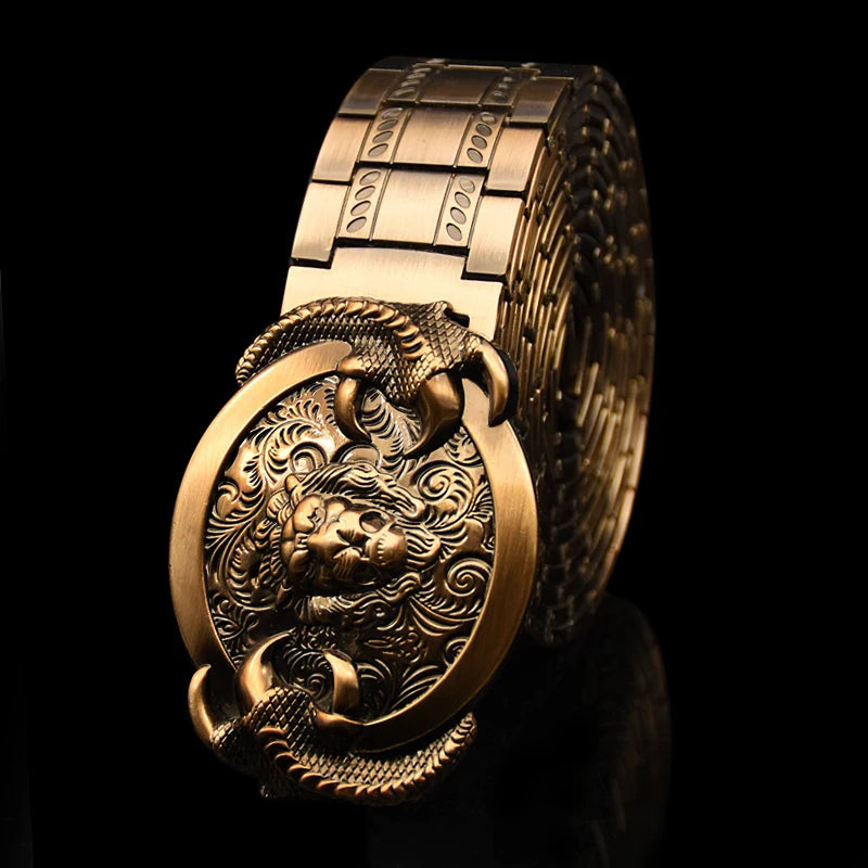 Men's belt Stainless steel Belt Retro Dragon metal Belt Gold Color Charm Belt Hip Hop Punk Strap self-defense luxury Belt male BAZAARHUBO