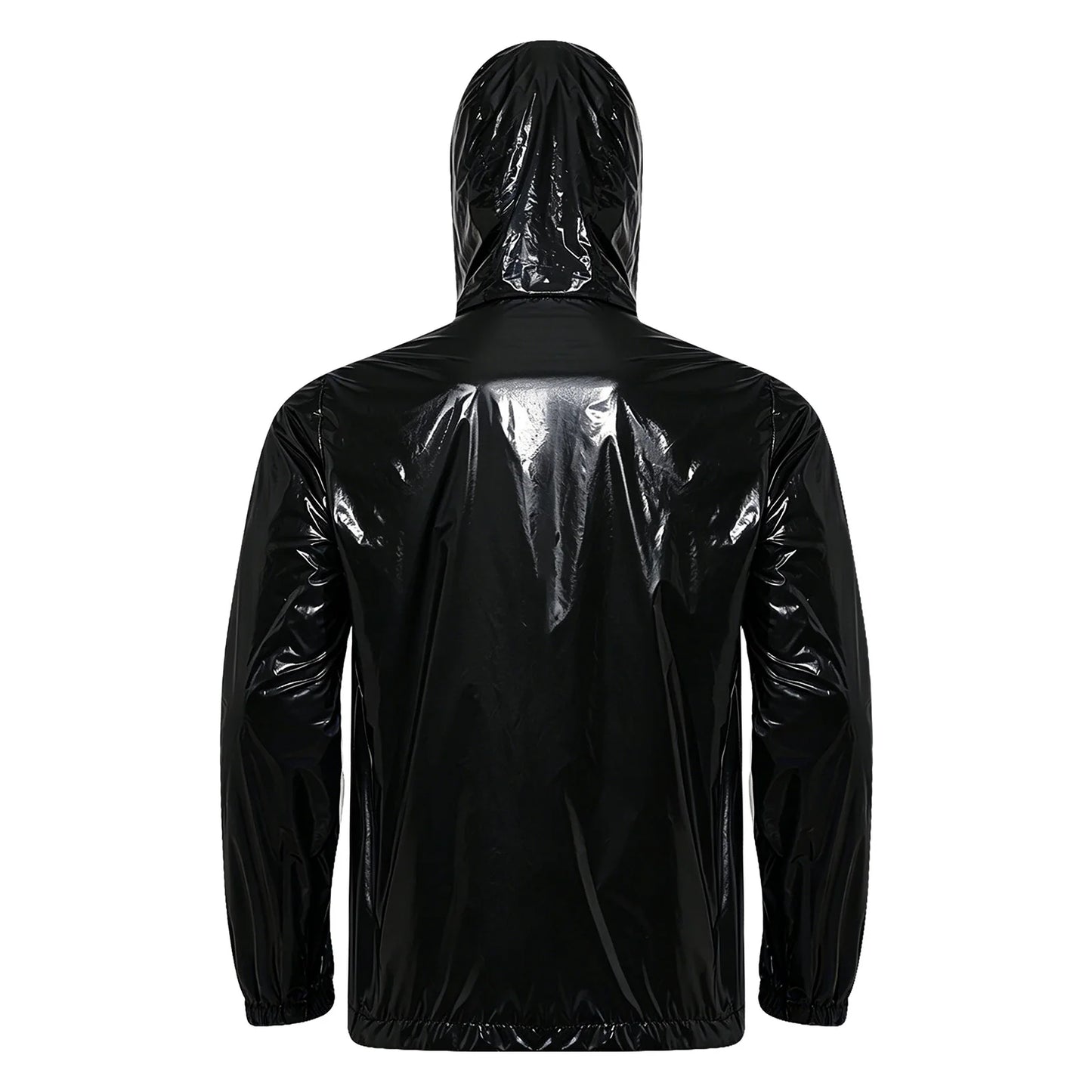 Men Shiny Glossy Hooded Jacket Windbreaker Raincoat for Hiking Fishing Biking Long Sleeve Front Zip-up Drawstring Hood Outerwear