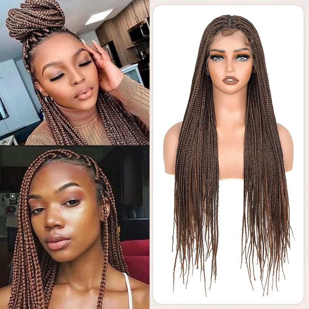 Small Square Knotless Box Braided Synthetic Wig 1BT30 Brown 30 Inch Full Double Lace Front Braided Wigs with Baby Hair For Women
