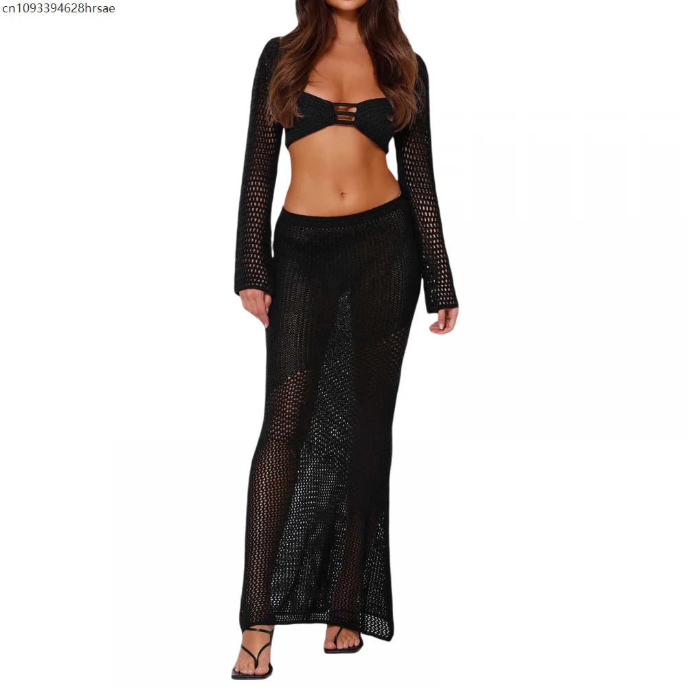 Sexy Party Knitted Two Piece Set Short Crop Top And Skirts Slim Bodycon 2 Pieces Sets Women 2025 Spring Summer Outfits