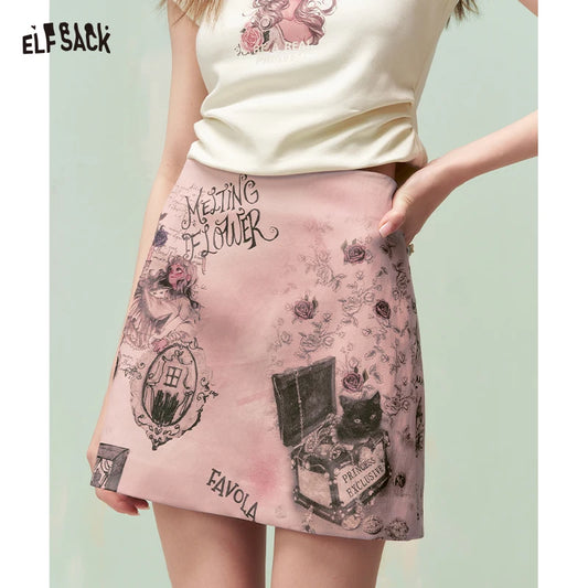 ELFSACK Women's Pink A-Line Mini Skirt, Gothic Cat & Floral Print, High Waist Fit, Ideal for Street Style, Party & Casual Wear