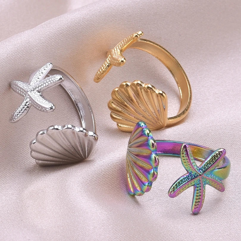 Fashion 5pcs/lot Marine Jewelry Sea Animals Conch Starfish Shell Rings Stainless Steel Rings Jellyfish Scallop Oceans Women Gift
