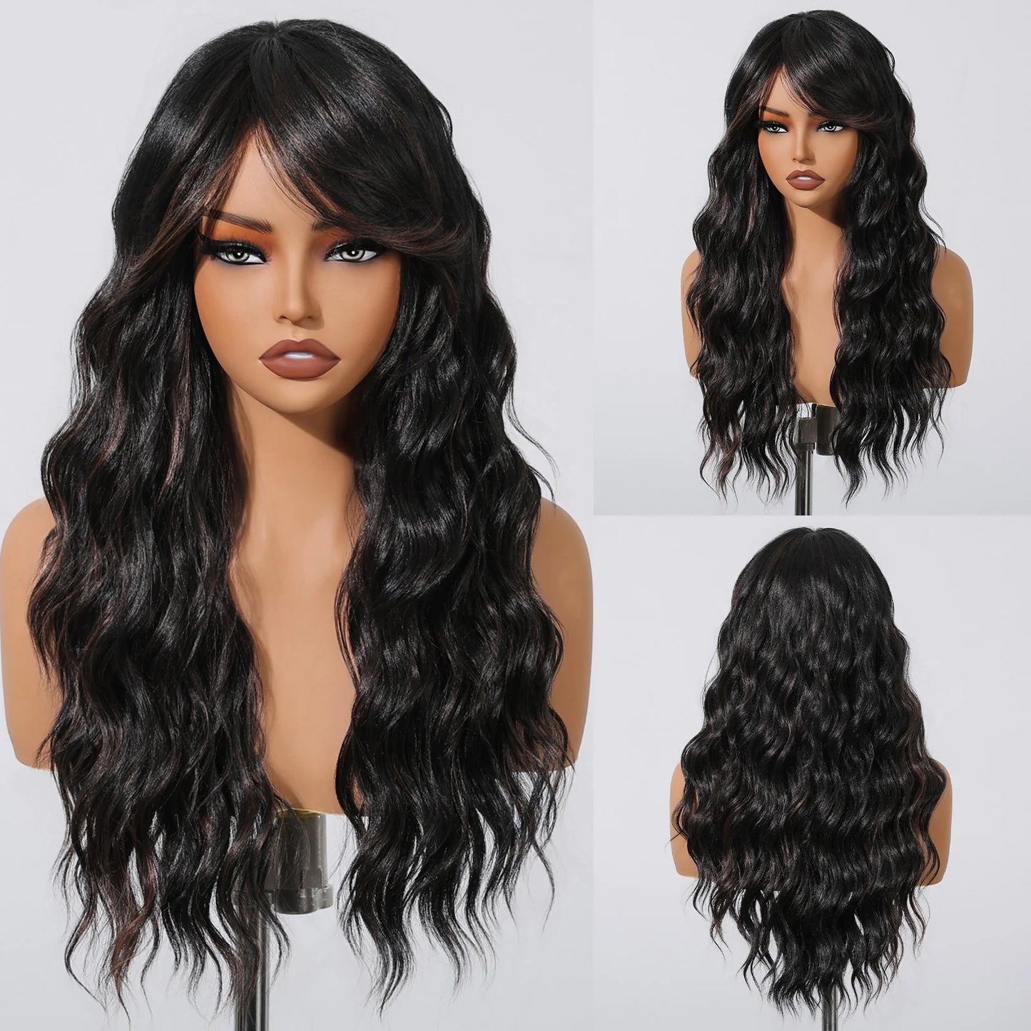 EASIHAIR Dark Brown Long Curly Synthetic Wig with Bangs Brown Women's Wigs for Cosplay Daily Use Heat Resistant Natural Hair