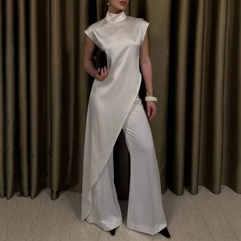 Tossy Casual Sleeveless Satin Maxi Dress Female Turtleneck Patchwork Slim Fashion Solid Commute Dress For Women Long Dress 2025