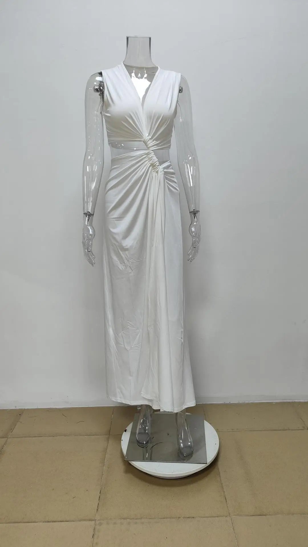 New Summer Elegant Women Sexy Deep V Cut Out Slit Maxi Dress Fashion Casual Sleeveless Waist Hollow Out Outfits Lady Long Dress