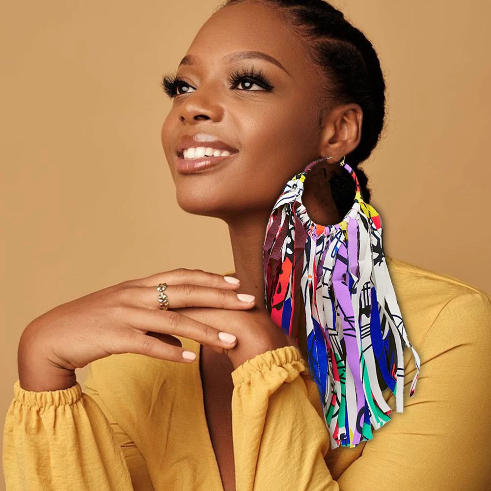 African Fabric Earrings Handmade Drop Tassels Earrings For Women Ethnic African Print Ankara Big Oversized Earings Daily Wear