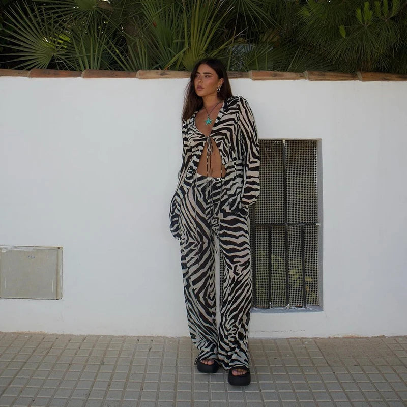Cryptographic Animal Print Mesh Sheer Stripe Tie Front Detail Top Matching Sets Fashion Outfits 2 Piece Sets Holiday Beachwear