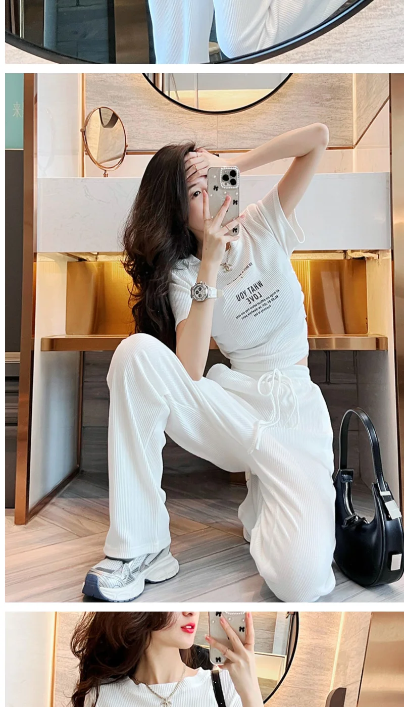 Summer casual sports style spicy girl sexy short sleeved top+fashionable wide leg pants two-piece set