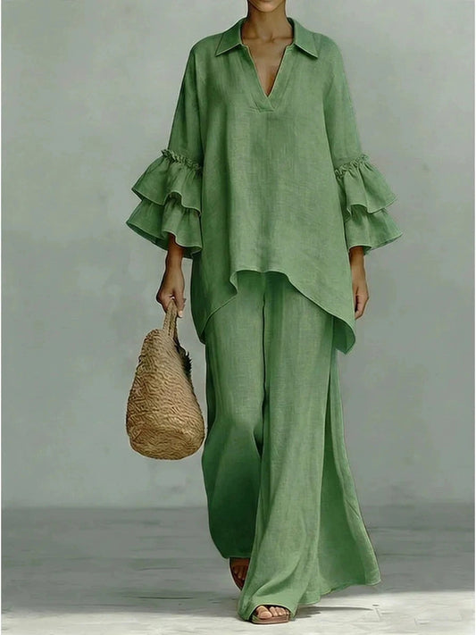Women's fashion casual solid color flared sleeve shirt loose casual pants two-piece set women's clothing