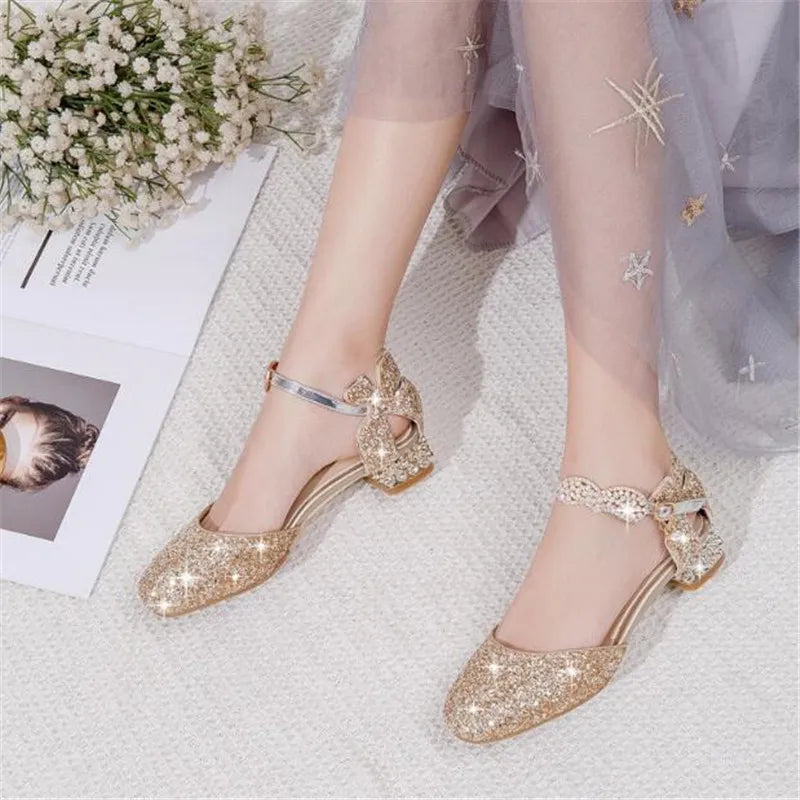 Princess Kids Leather Shoes Girls Sandal Sweet Pearl Casual Glitter Children High Heels Girls Party Dance Shoes Pink Gold Silver