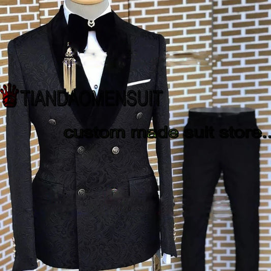 Men's Suit Two Piece Wedding Tuxedo Groom Double Breasted Jacket Set Jacquard Formal Lapel Blazer Pants conjuntos de chaqueta