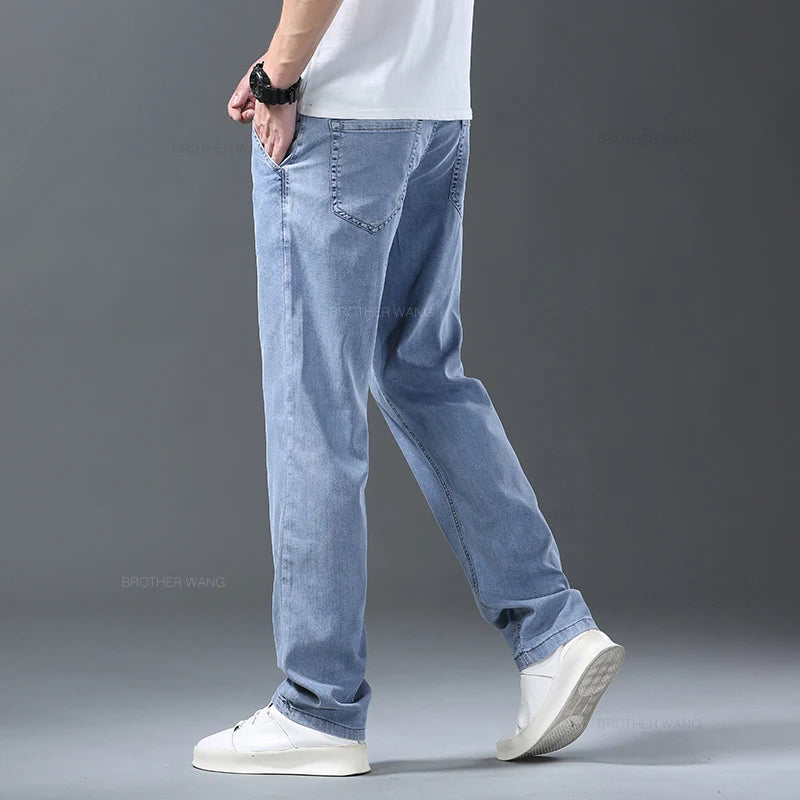 Lyocell Ice Silk Jeans Men's Summer Ultra-thin Loose Straight Denim Pants Soft Comfortable Brand Male Light Blue Trousers