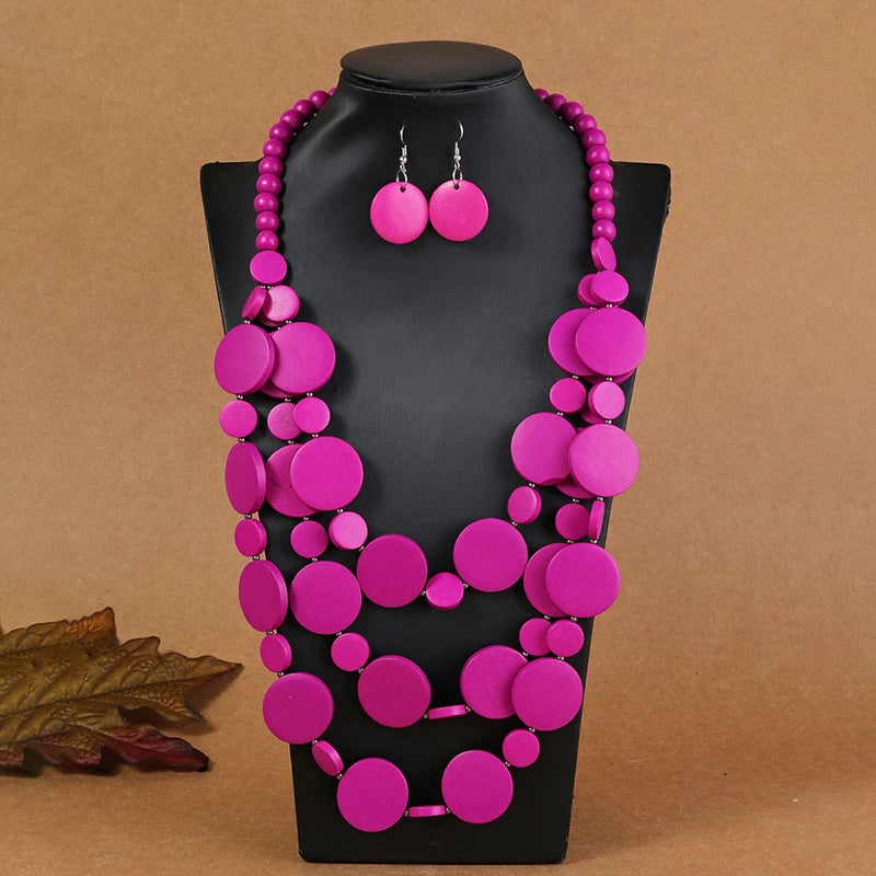 African Wedding Party Dress Wooden Beads Necklace Earring Jewelry Sets For Women