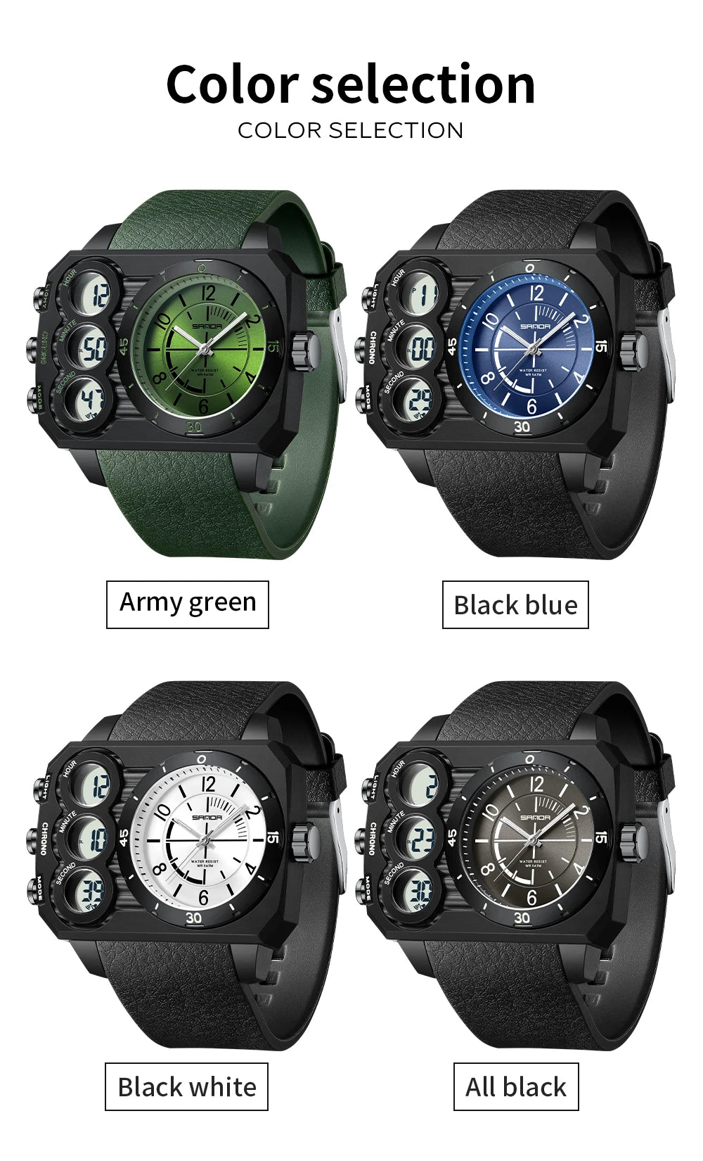 SANDA Men Watch Square Big Dial Waterproof Double Display Wristwatch Man Chronograph Digital Clock Men's Military Quartz Watches