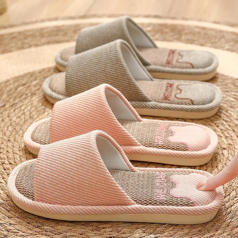 Couples Home Linen Slippers Women Indoor Soft Comfortable Bedroom Slides Men Leisure Non Slip House Shoes Platform Cotton Flats