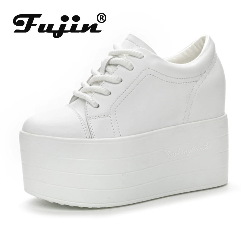 Fujin 12cm Genuine Leather Synthetic Women Autumn Spring Platform Wedge Women Fashion Sneakers Chunky Shoes Vulcanize Skateboard