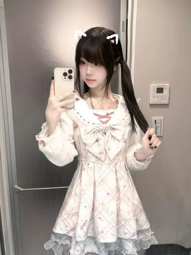 Japanese Sweet Cute Slim Dress Women Kawaii Chic Print Bow Thin Long Sleeve Dresses Female Design Pretty Lovely New Clothing