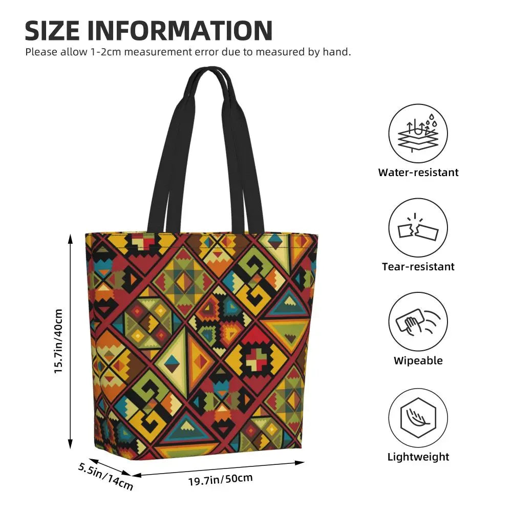 African Ankara Prints Grocery Shopping Tote Bags Women Geometric Ethnic Art Canvas Shoulder Shopper Bags Big Capacity Handbag