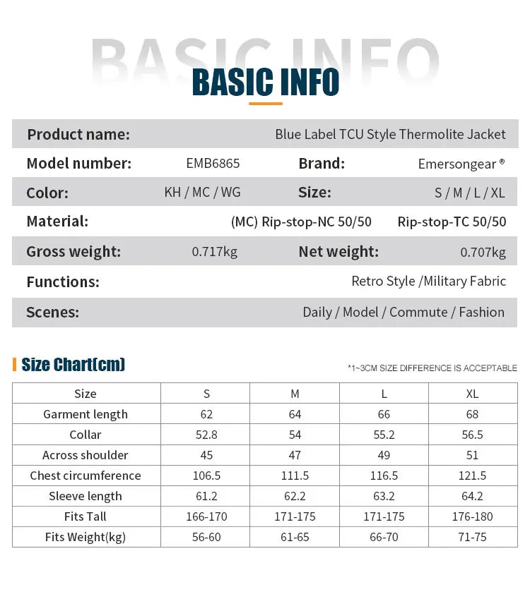 Emersongear Blue Label TCU Thermal Mens Jacket Vintage Outdoor Casual Hiking Hunting Cloth Nylon Camping Urban