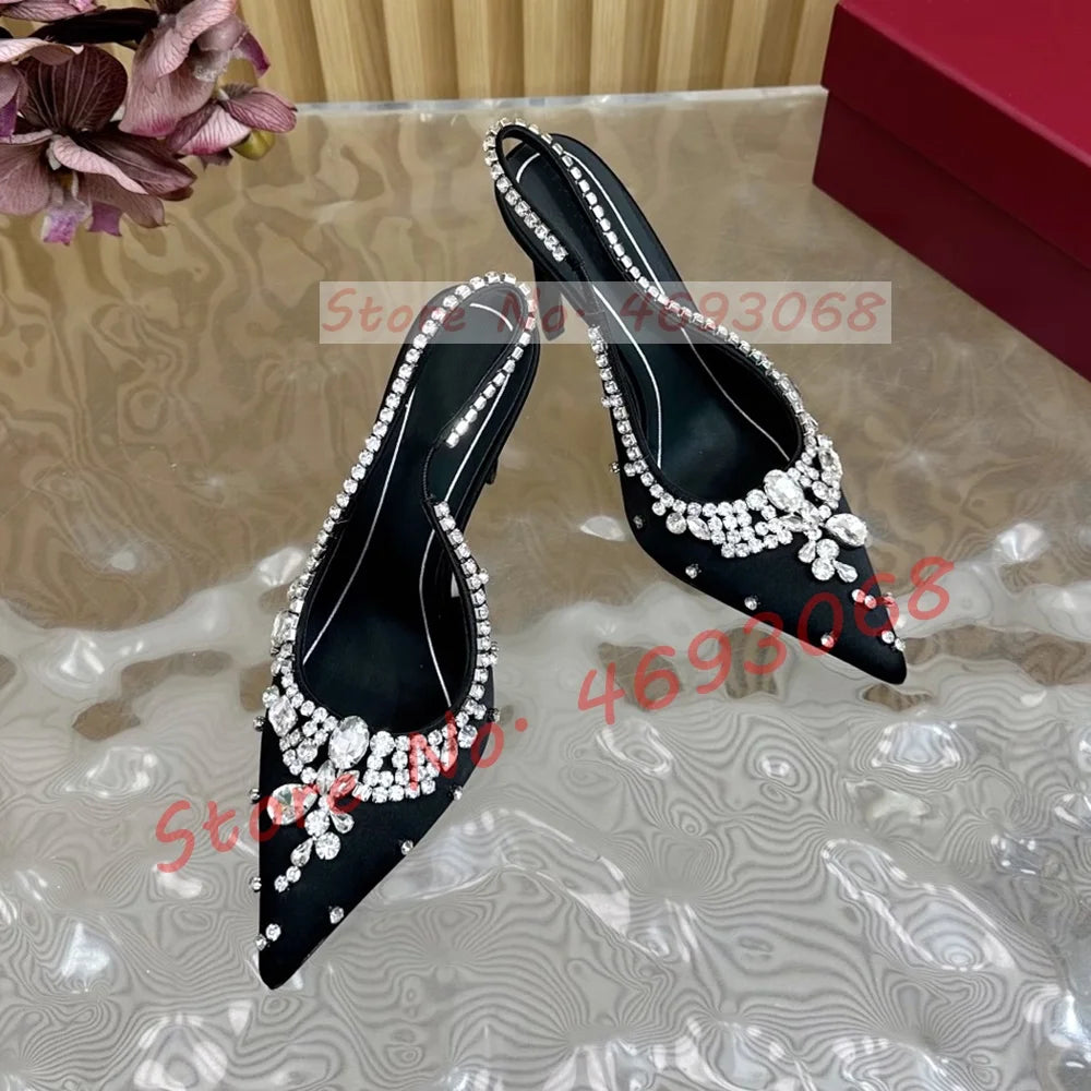 Luxury Crystal Flowers Back Strap Sandals Ladies Trendy Pointy Toe Classy Gems Satin Sandal Women Real Leather Evening Shoes