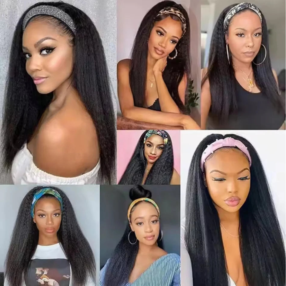 Kinky Straight Headband Wig Remy Human Hair Wig Ready To Wear Peruvian Yaki Straight Headband Isee Human Hair Wig for Women