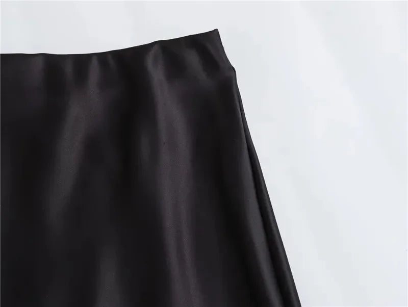 HXAO 2025 Skirts For Women Black Satin Skirt Summer Elegant Women's Midi Skirts High Waist Smooth Skirts Green Flare Skirt 088