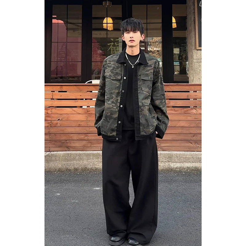 Men's Camouflage Denim Jacket Autumn Washed Turn down Collar Single-Breasted Long Sleeve Loose Fit Vintage Workwear Street Style
