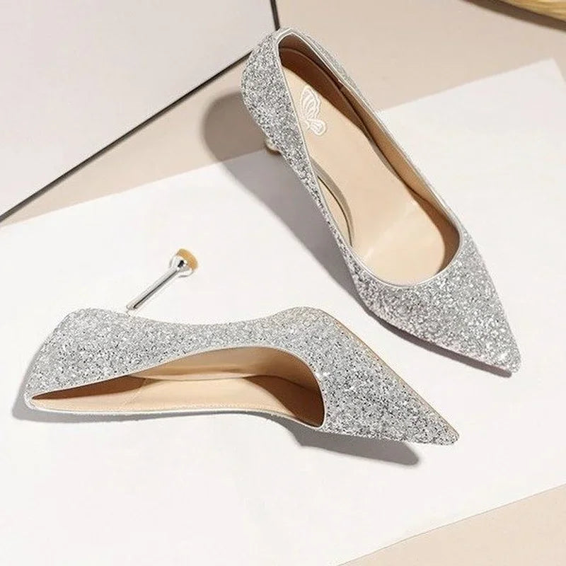 2025 New Women Pumps High Heel Metal Pointed Toe Shallow Sexy Ladies Bling Bridal Wedding Women Shoes White High Heels
