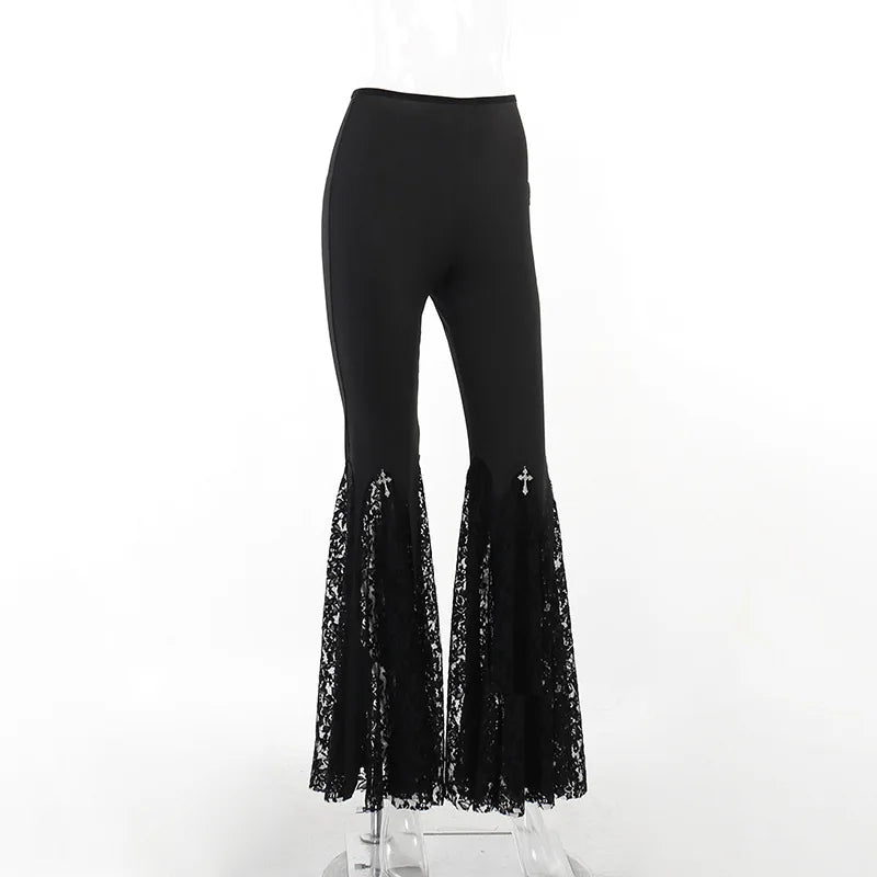 Goth Mall Flare Pants Sexy Black Lace Patchwork High Waist Vintage Harajuku Hippie Punk Grunge Streetwear  Y2k Pants