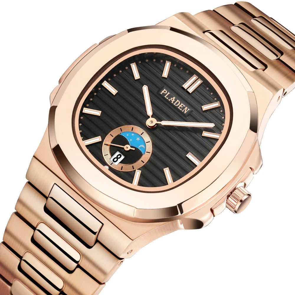 PLADEN Men's Quartz Watch Stylish Business Wristwatches Stainless Steel Calendar Waterproof Watches For Male High Quality New