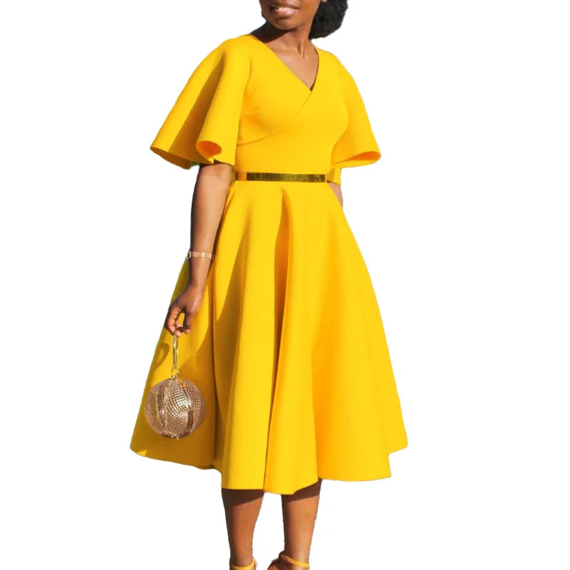 African Elegant A-line Midi Dress For Women Summer Fashion Casual Robe Femmes New Flare Sleeve Club Party Sexy Dresses Vestidos