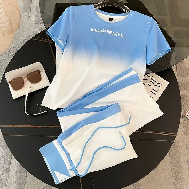 2024 Spring/Summer New Fashionable Gradient Short Sleeve+High Waist Wide Leg Pants Casual Two Piece Set