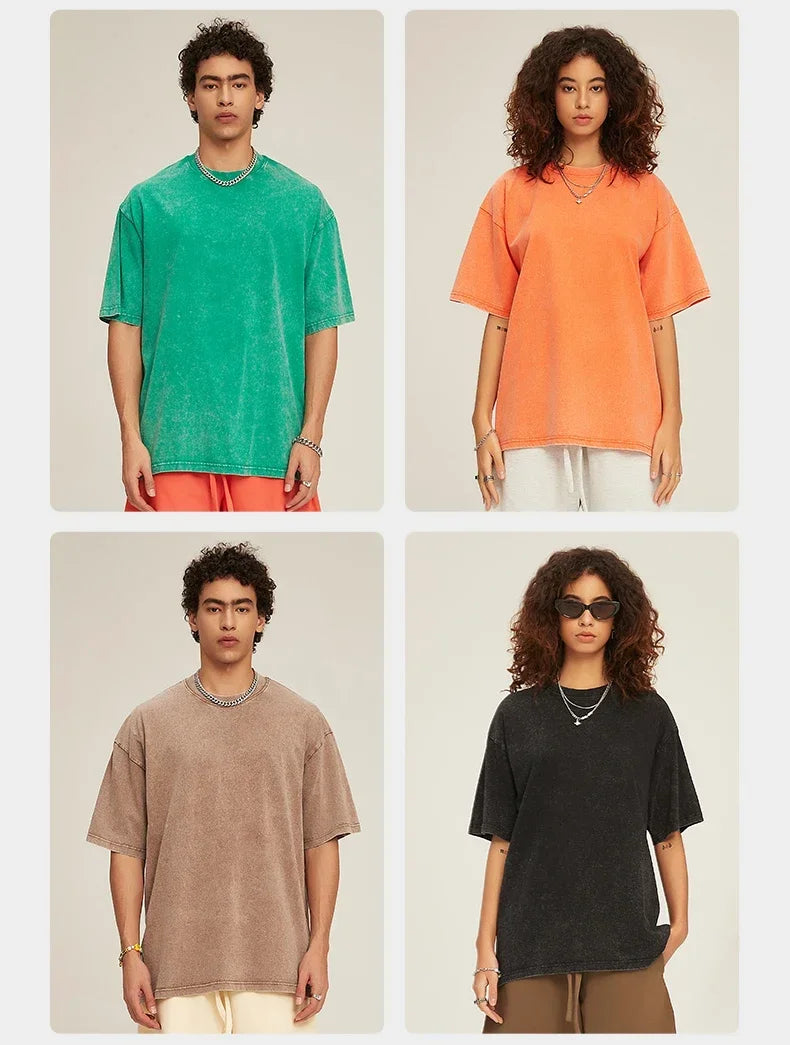 American Style Retro Heavyweight Solid Color Short Sleeved T-shirt Men Women Summer Street Trendy Washed Old Oversized Clothes