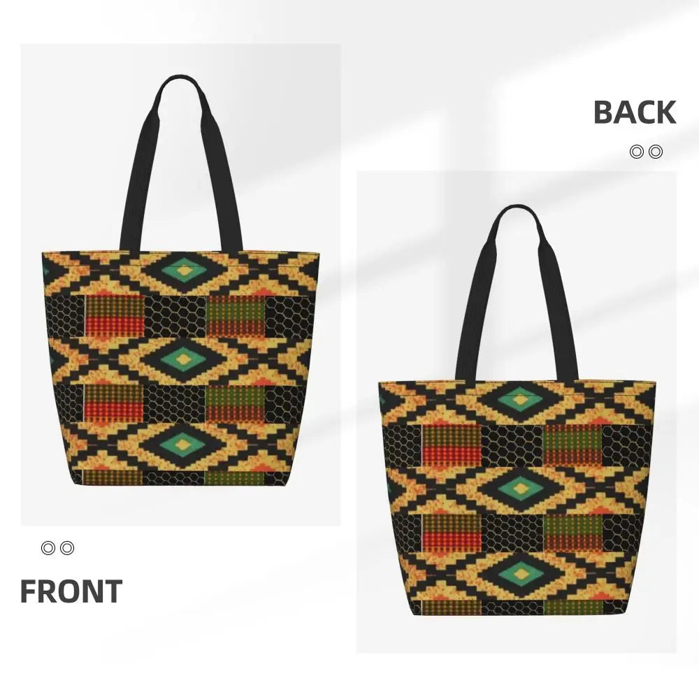 African Ankara Prints Grocery Shopping Tote Bags Women Geometric Ethnic Art Canvas Shoulder Shopper Bags Big Capacity Handbag