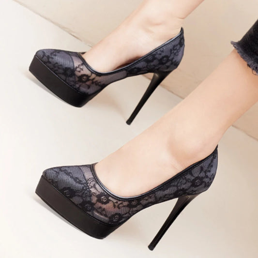 Fashion Roman Pumps 12Cm Black Platform High Heels Mesh Breathable Sexy Shallow Mouth Pointed Single Shoes Small Size 32 33