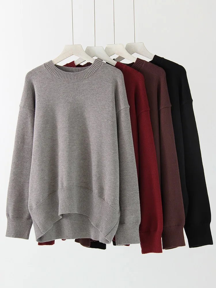 Oversize Burgundy Womens O Neck Knitwear Sweater Warm Winter Pullover