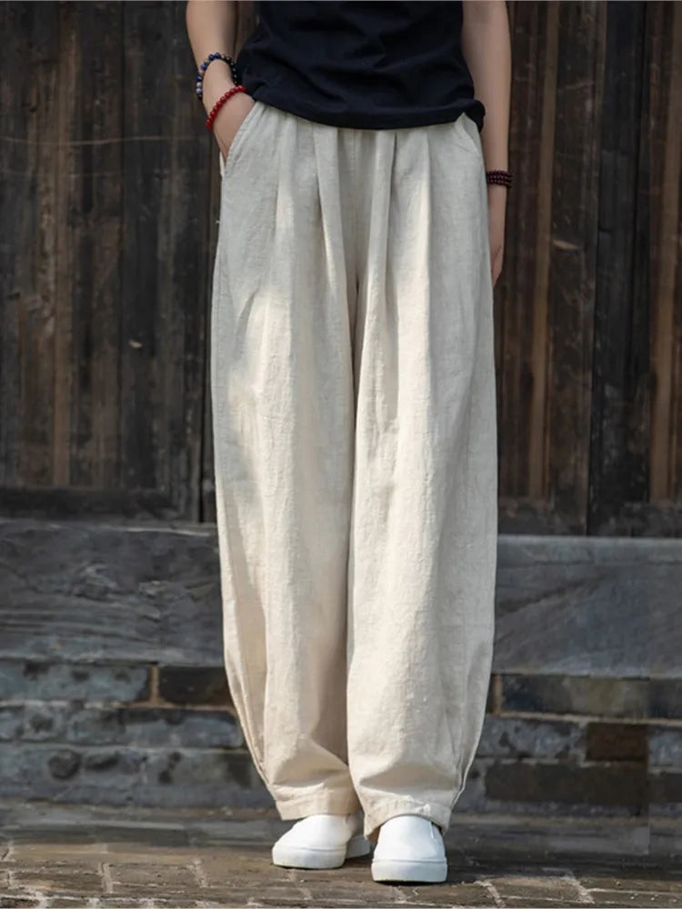 Johnature Women Loose Cotton Linen Casual Pants Solid Color Elastic Waist Lantern Pants 2025 Spring New Female Trousers
