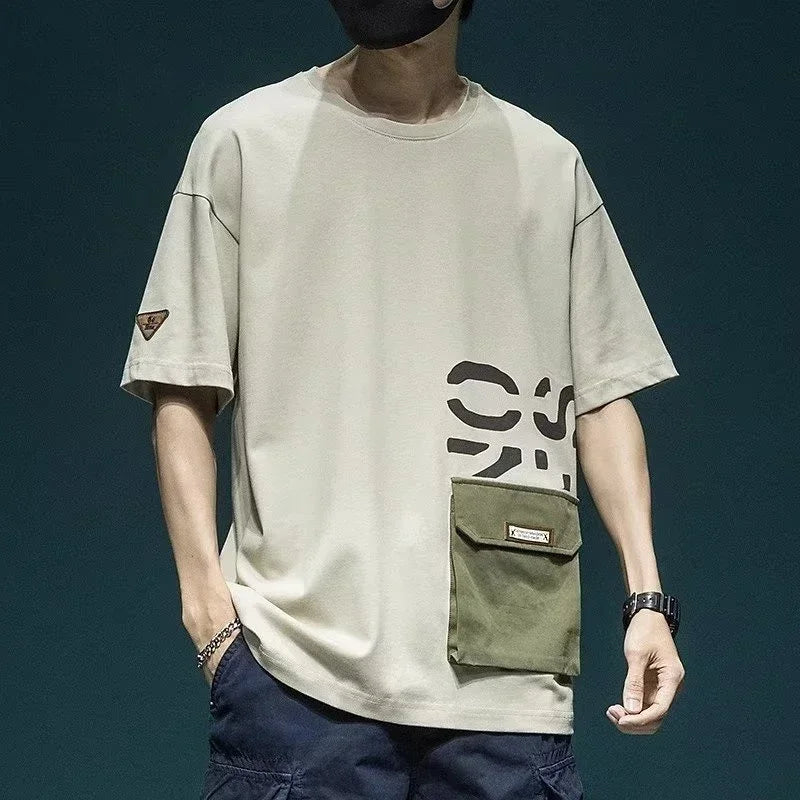 Summer Men's Short Sleeve Letter Printed T-shirt With Cargo Pocket Casual Cotton O-Neck Tops Y2K Streetwear Oversized Tee Shirts