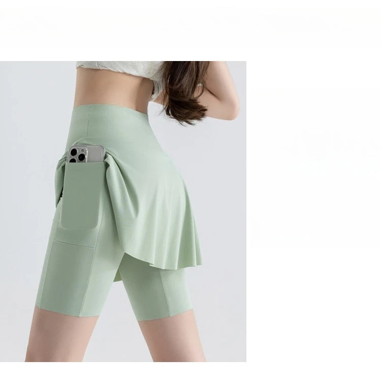 Fake Two Short Skirt Pants with Summer Pockets Crotch Half Skirt for Women High Waisted Oversized Quick Drying Sports Yoga Pants