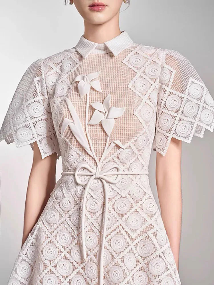 QMQA Fashion Women's Evening Dress Lapel Short Sleeve Lace Patchwork 3D Flower Lace-up Elegant Dresses Spring 2025 New QM269