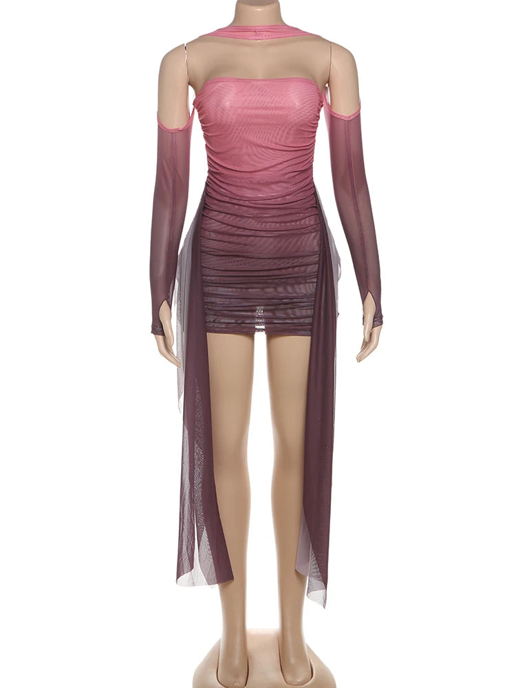 Sisterlinda Mesh Simple Mini Dress Fashion Solid Strapless Ribbons Tassel Body-shaping Vestidos+Seperately Full Sleeve Gloves