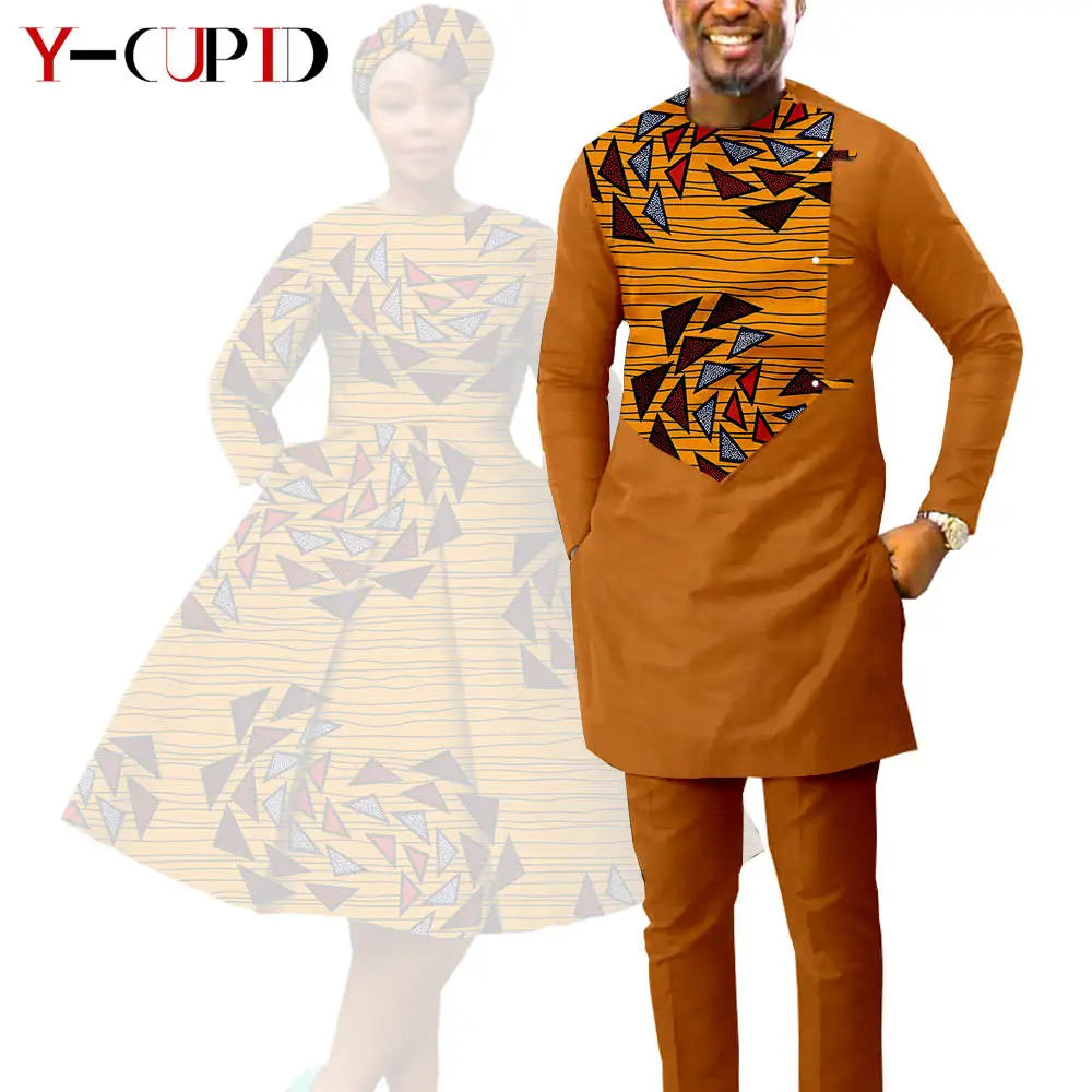 African Print Dresses for Women with Headwrap Matching Couple Outfits Dashiki Men Long Sleeve Pathwork Top and Pant Sets Y23C004