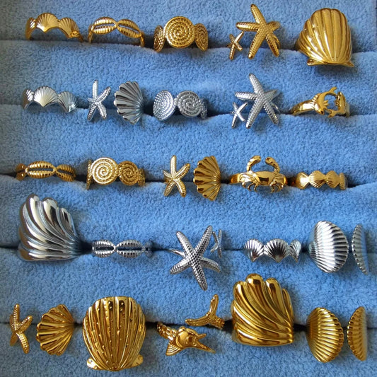 Fashion 5pcs/lot Marine Jewelry Sea Animals Conch Starfish Shell Rings Stainless Steel Rings Jellyfish Scallop Oceans Women Gift