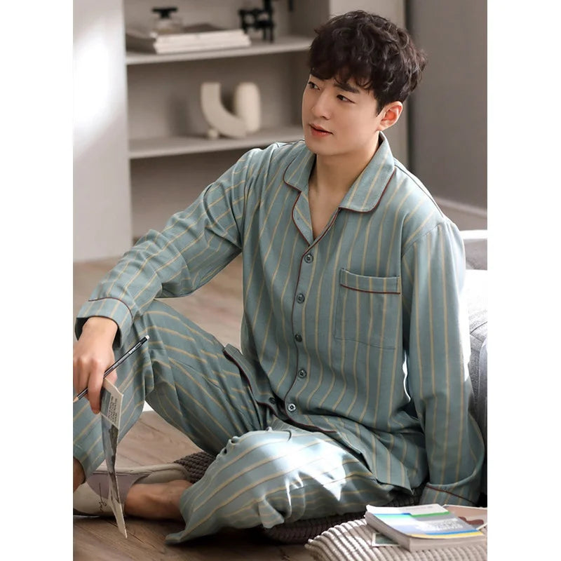 Pajamas for Men Spring and Autumn Long-Sleeved Young Men's Simple Casual Lapel Autumn and Winter Home Wear Set