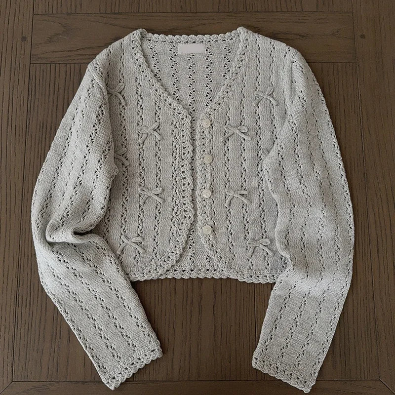 Sweet Knitted Cardigans Women Hand Crochet Bows Decoration Heart Hollow Out Sweaters for Kawaii Girls