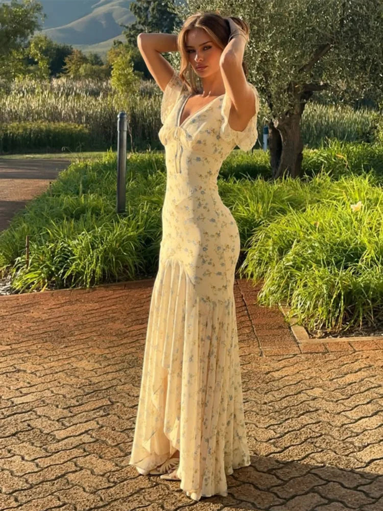 Vintage Print High Neck Midi Dress Belted Waist Bell Sleeve Flared Hem 2026 Summer Spring Chic Women Elegant Wedding Guest Gown