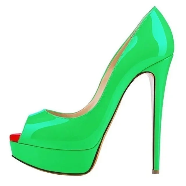 2026 New Women Pumps Sexy Platform Peep Toe 14cm Extremely High Heels Stiletto Patent Leather Party Nighclub Red Wedding Shoes