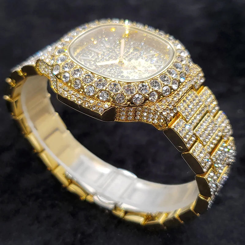 MISSFOX Iced Out Watch For Men Luxury Fashion Gold Quartz Watches Hip Hop High Quality Waterproof  Male Daimond Clock New Gift