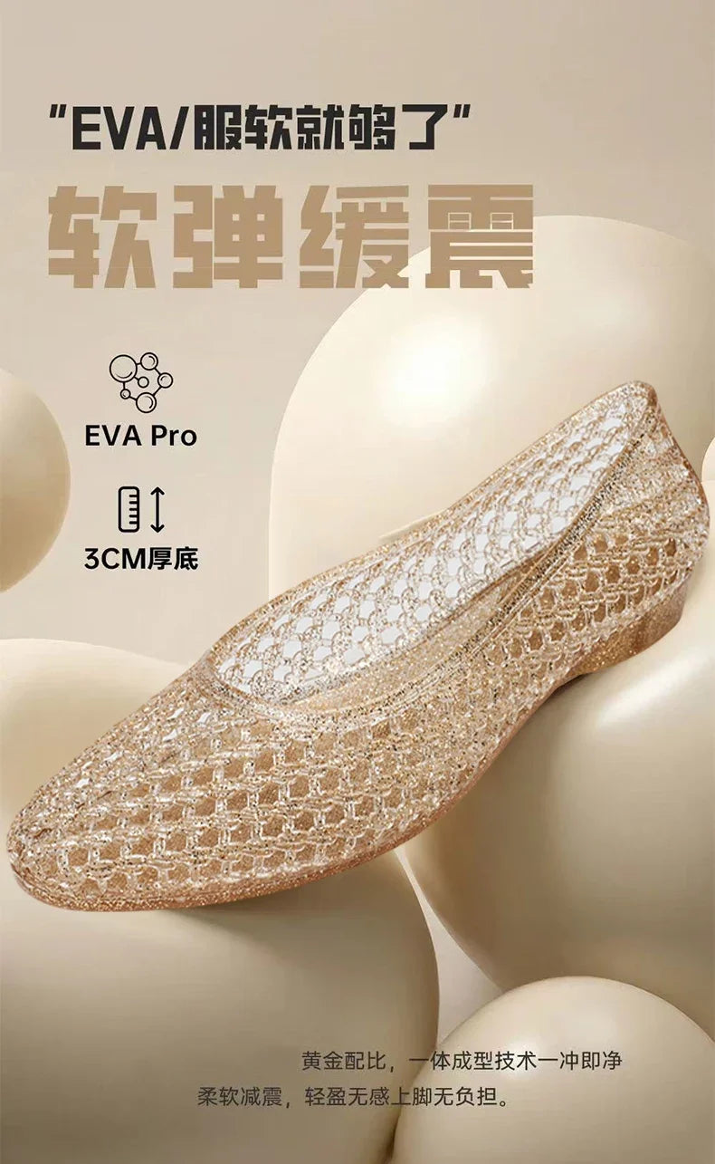 Summer Flat Sandals Women Hollow Out Crystal Plastic Jelly Shoes Mesh Outdoor Sandals